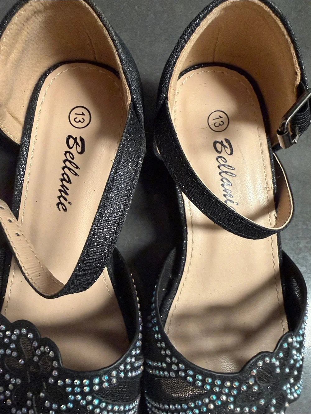 Black Glitter Dress Sandals with Rhinestone Detail